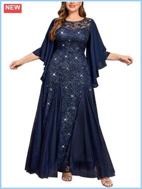 Plus Size Sequin Lace Tulle Mermaid Maxi Evening Prom Dress
